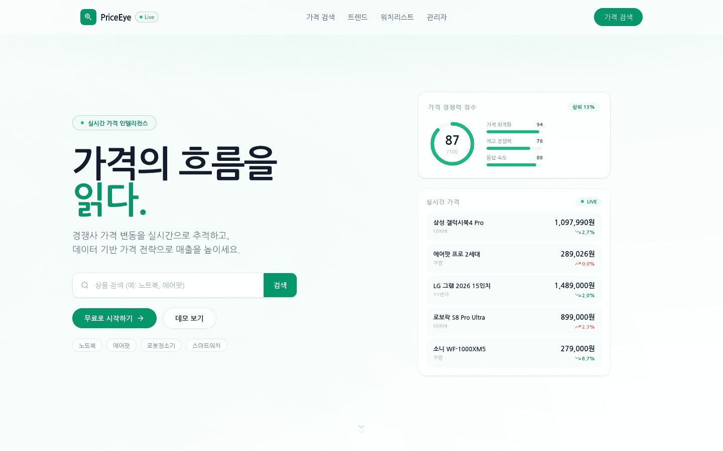 PriceEye 메인 화면